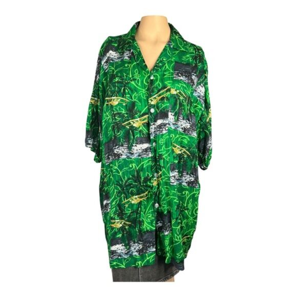 Vintage Koko Knot Hawaiian Shirt – Green with Island Plane Print READ CONDITION - Picture 1 of 4